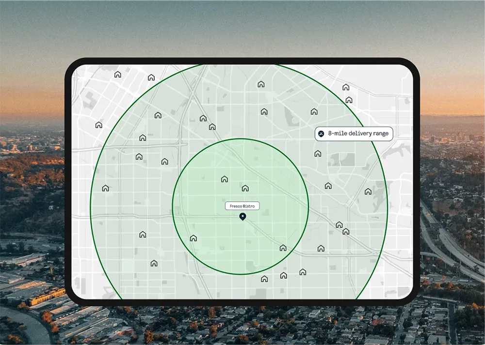ChowNow Flex Delivery map showing 8-mile delivery radius around a restaurant location