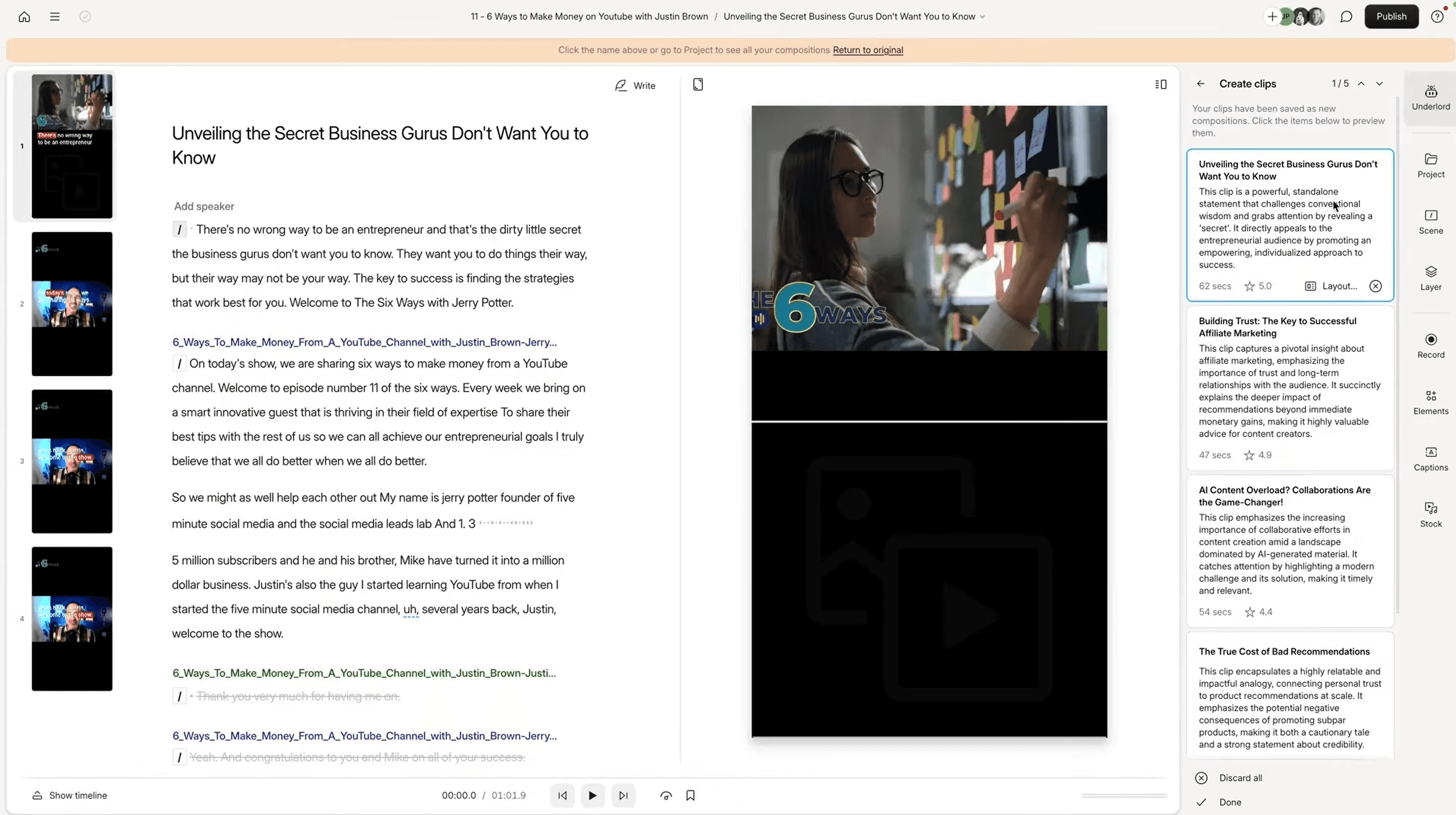 Descript AI clip creation and highlight reel generator