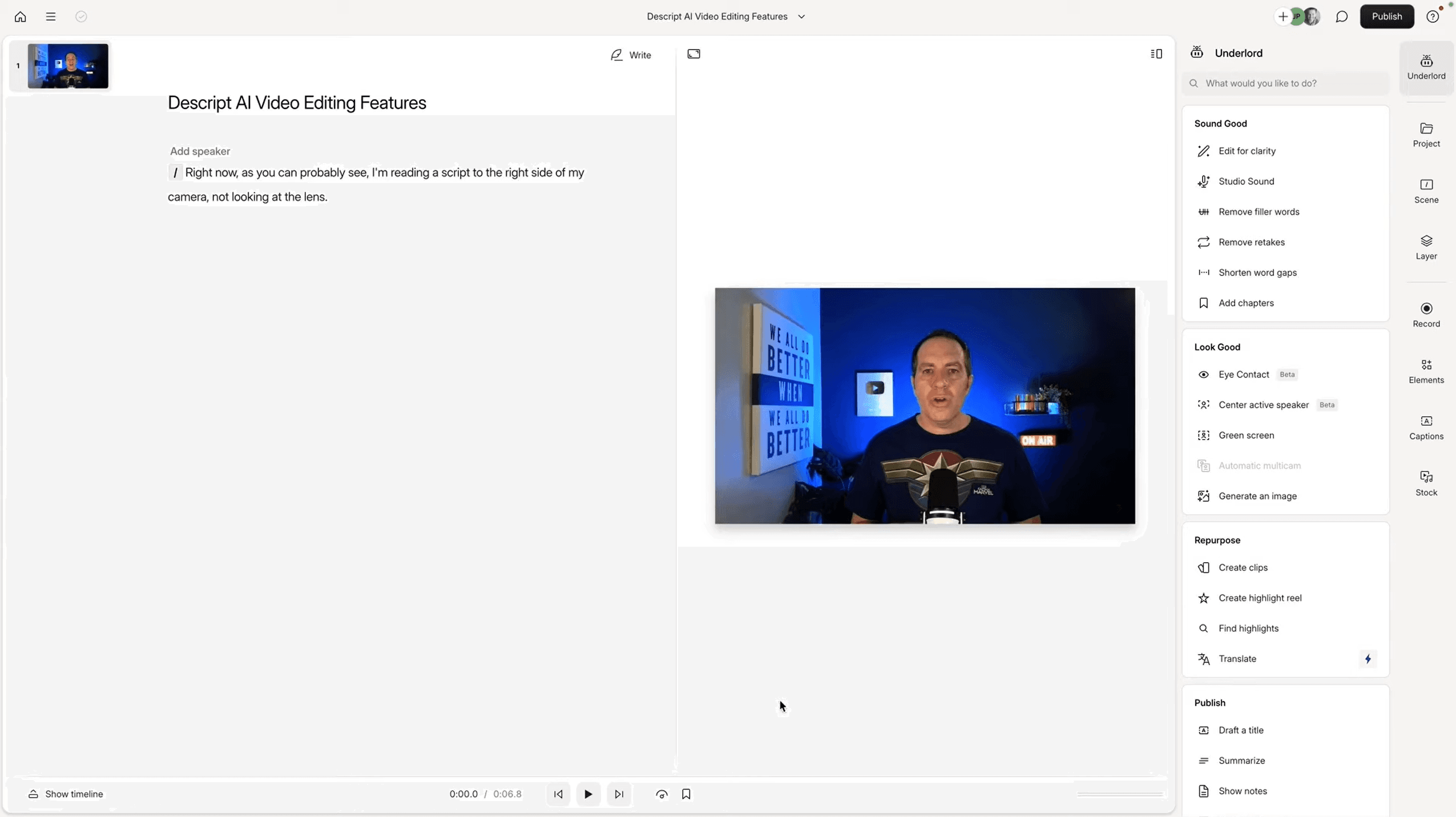 Descript text-based video editing interface showing transcript and timeline