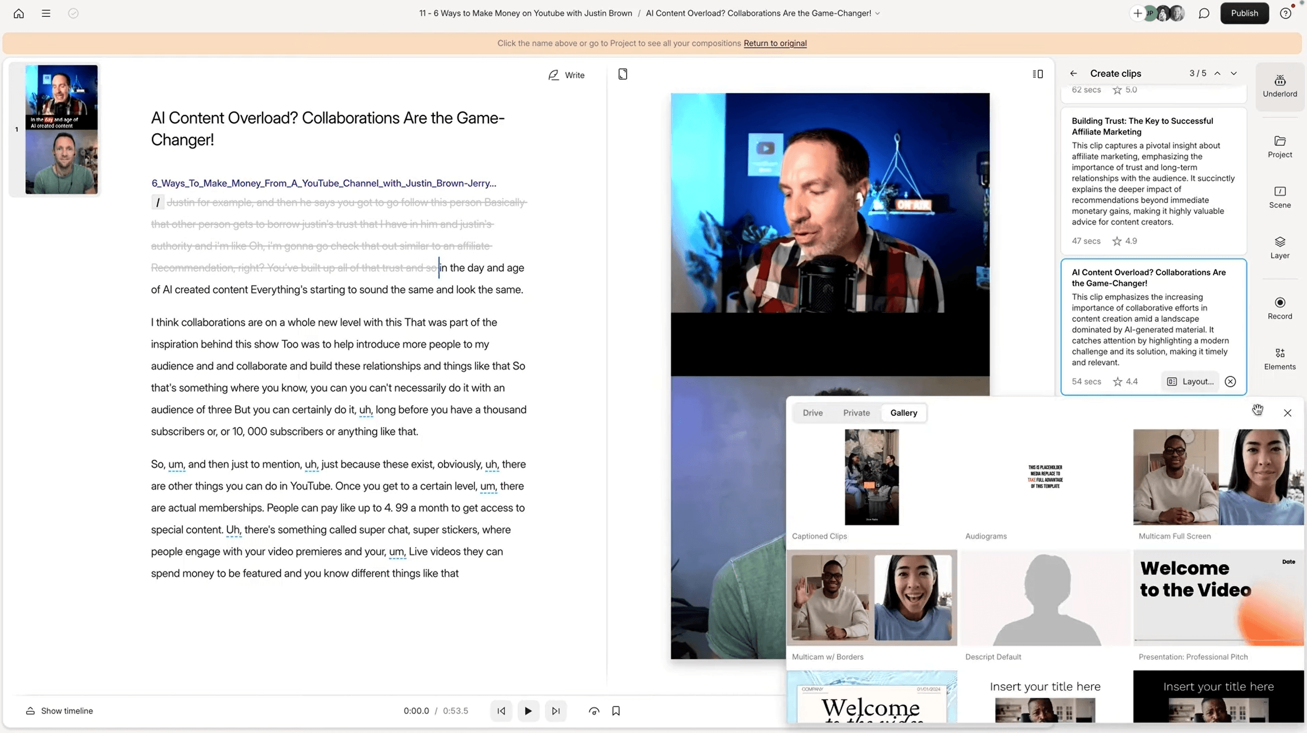 Descript layout gallery with scene templates for intros, titles, and captions