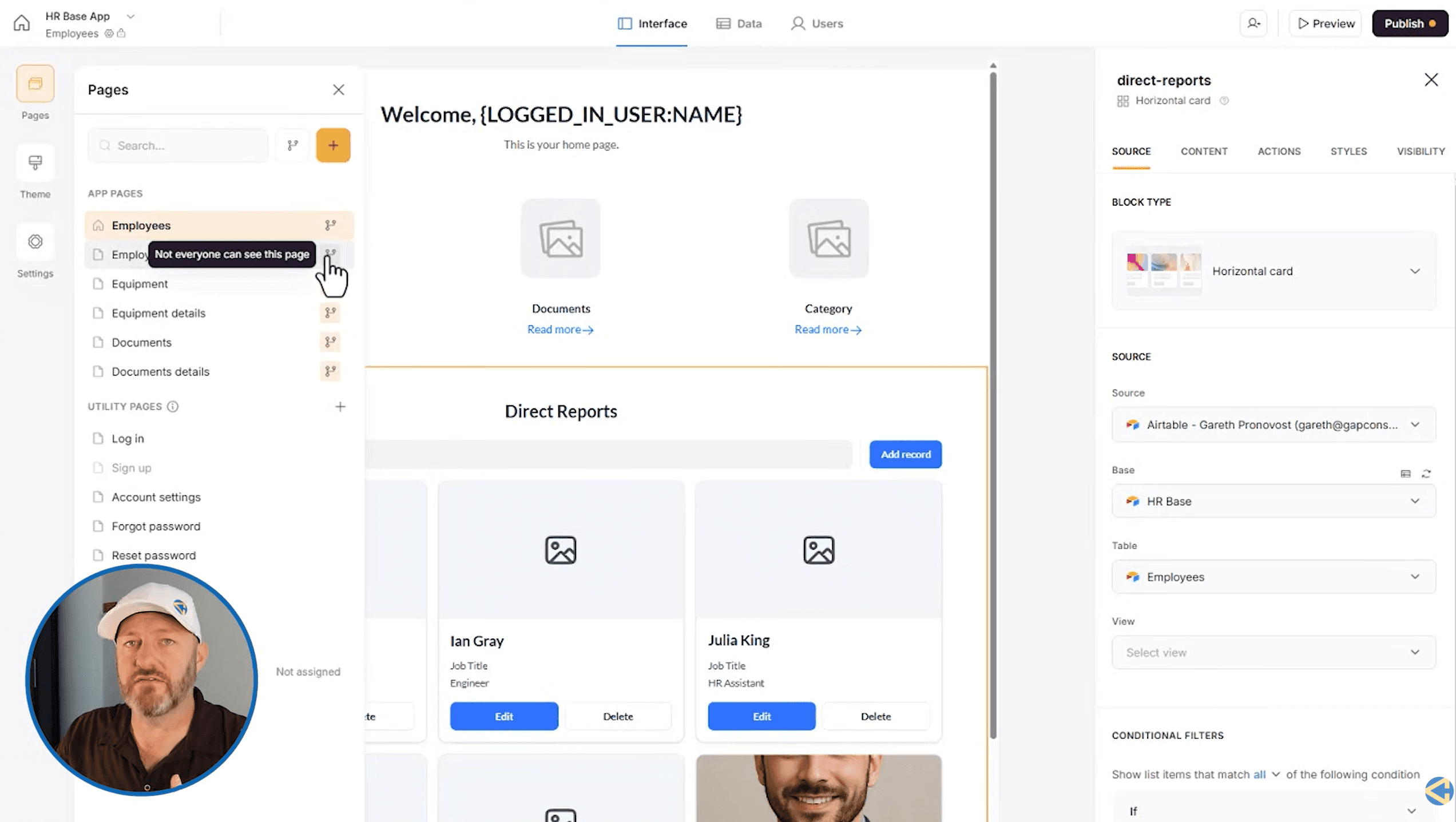 Softr pages interface showing conditional filtering and visibility settings