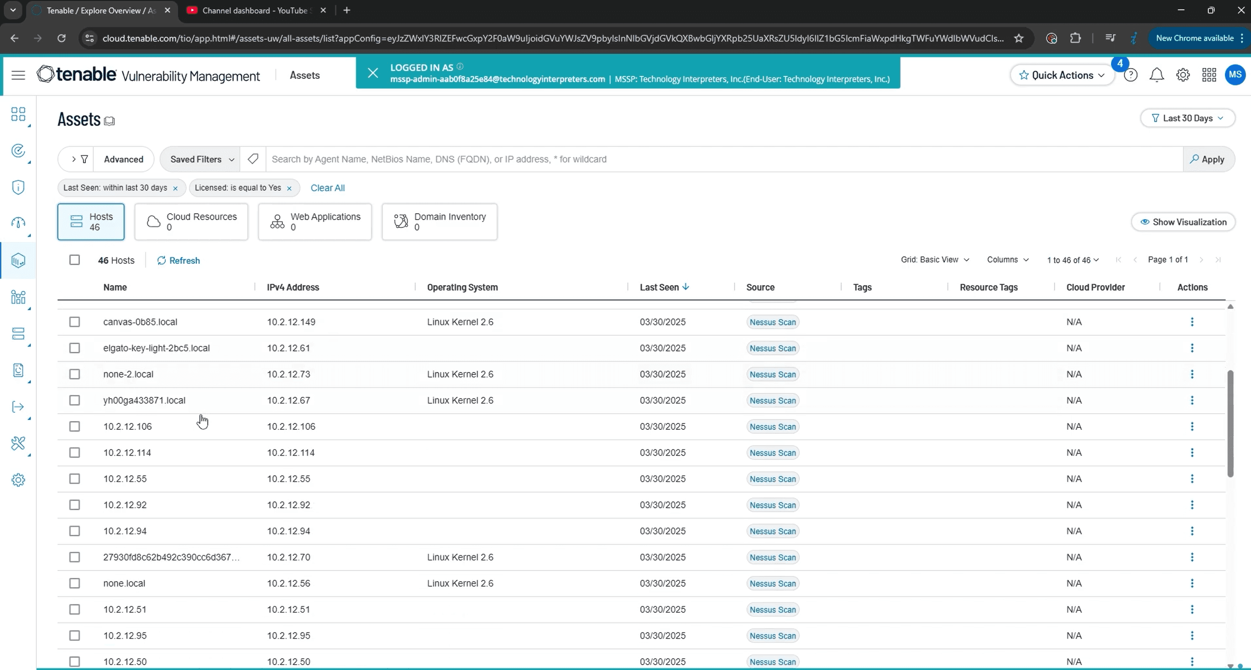Tenable attack surface management showing discovered assets and network inventory