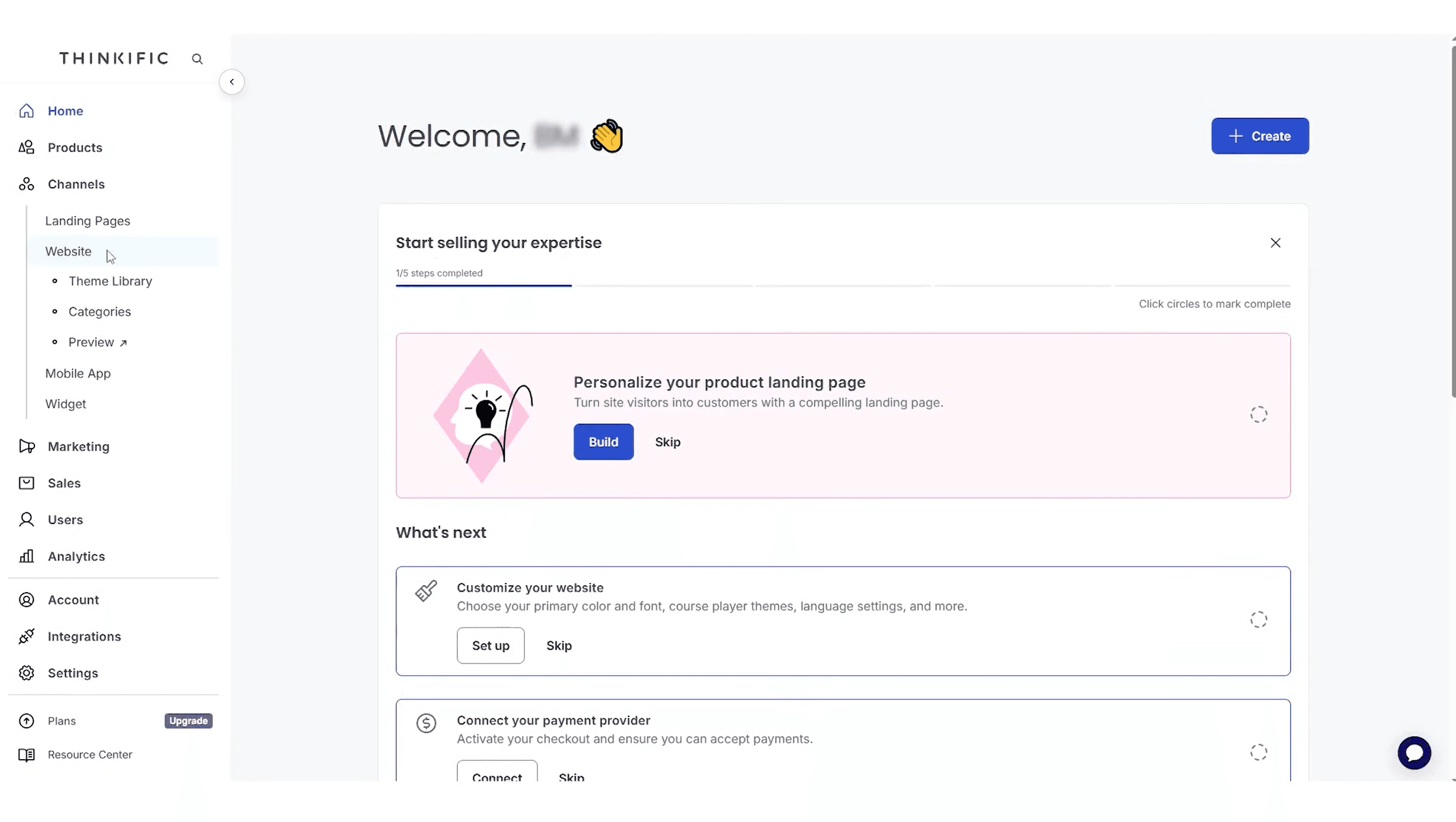 Thinkific dashboard showing guided onboarding steps and site setup progress