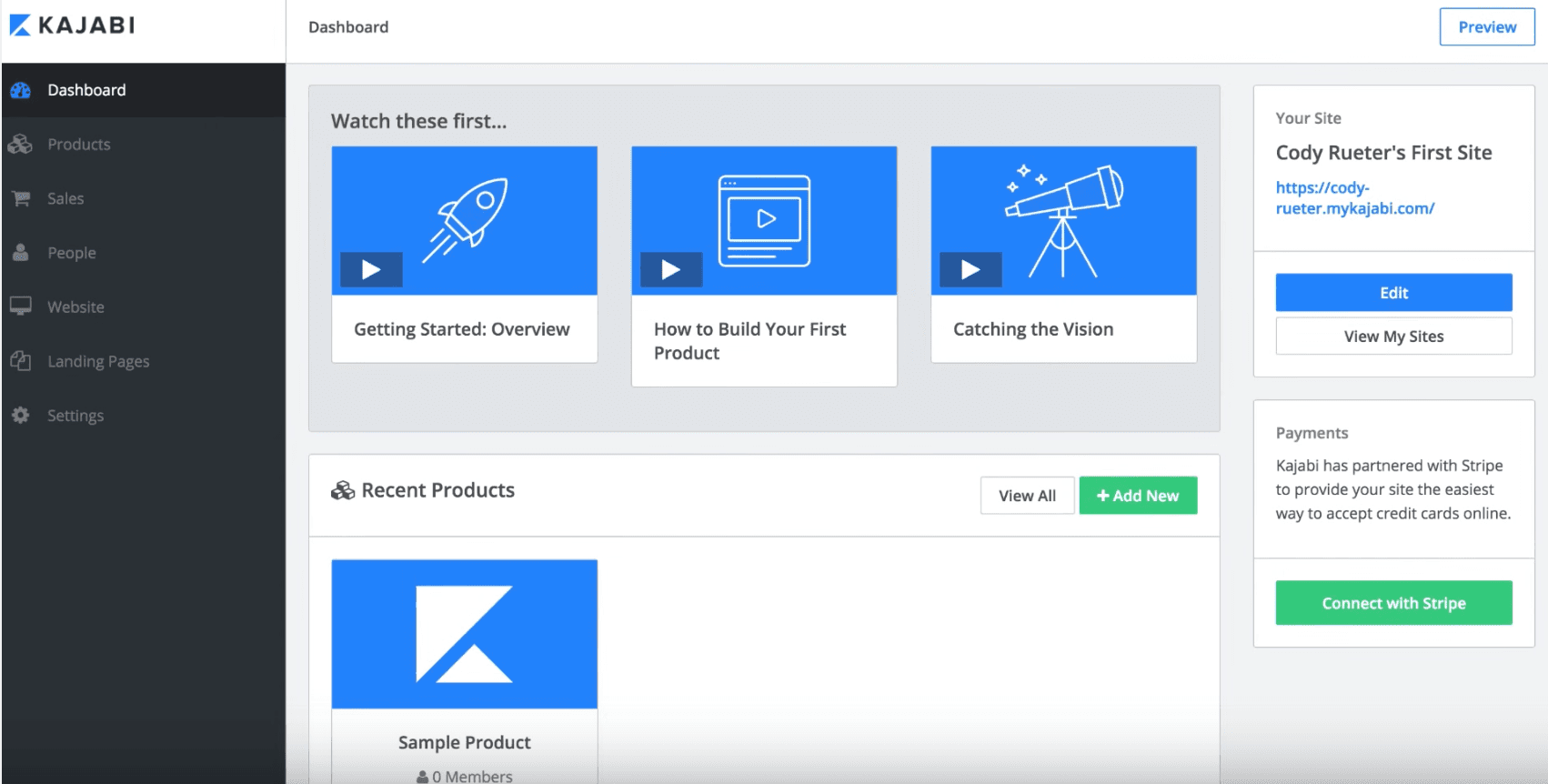 Kajabi dashboard showing products, onboarding, and site management for comparison with Thinkific