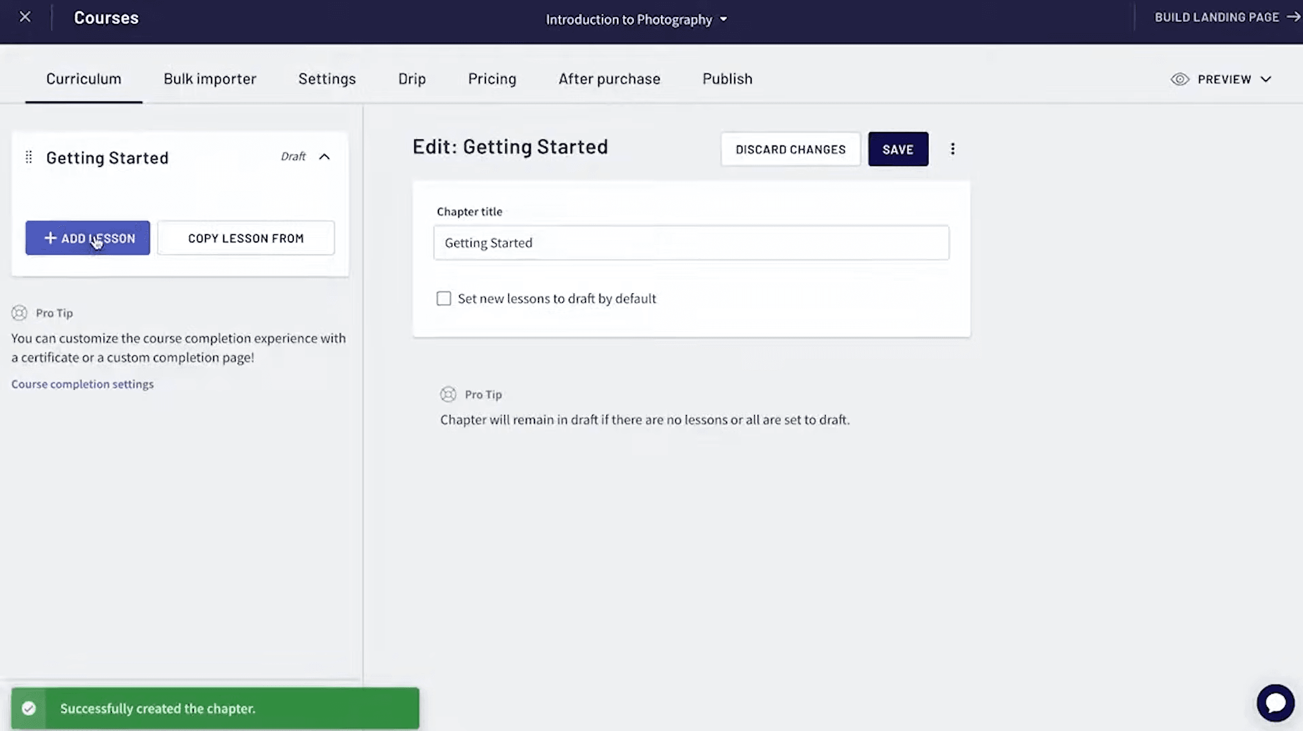 Thinkific curriculum editor showing chapter structure, lesson organization, and drip scheduling tabs