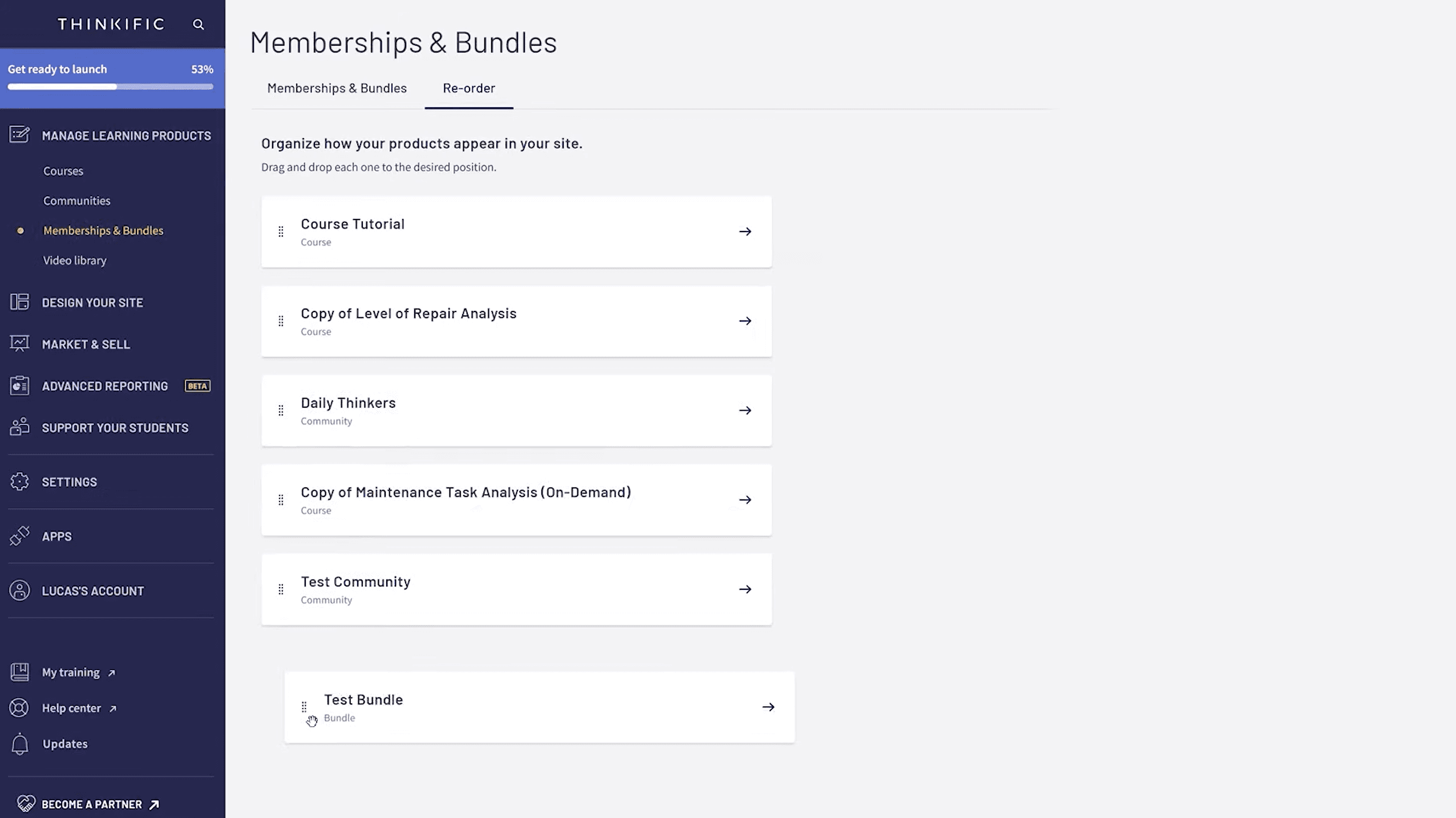 Thinkific memberships and bundles dashboard showing product organization and bundle management