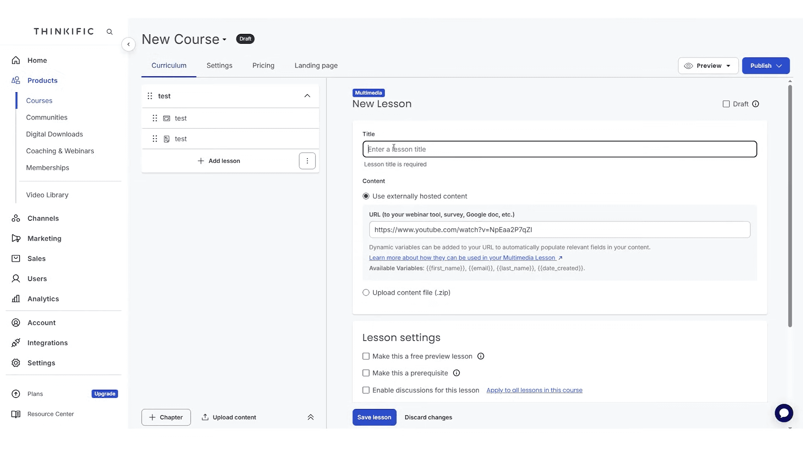 Thinkific new course creation showing curriculum tabs, lesson settings, and content upload options