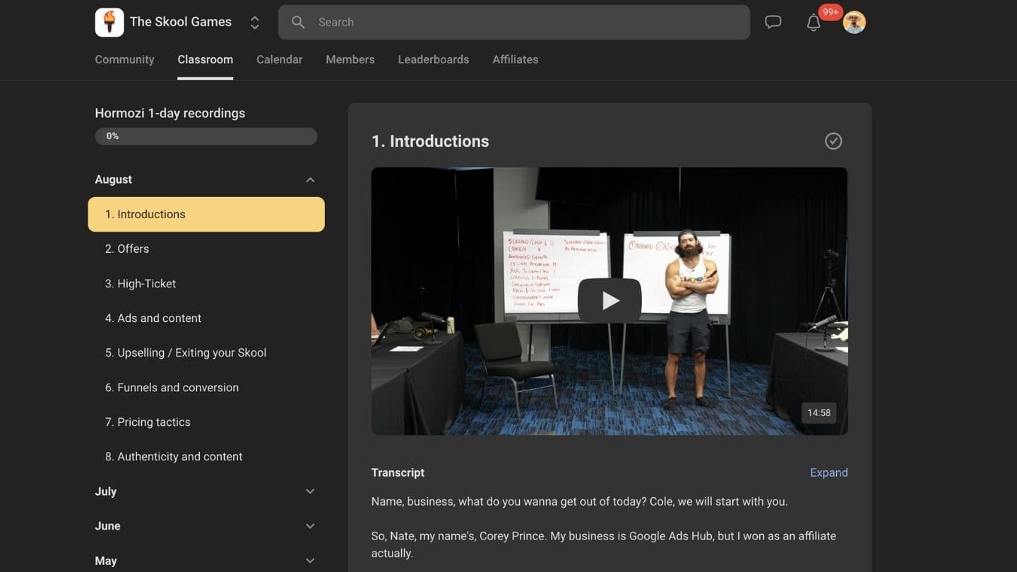 Skool platform classroom view showing community, calendar, leaderboards, and course content interface