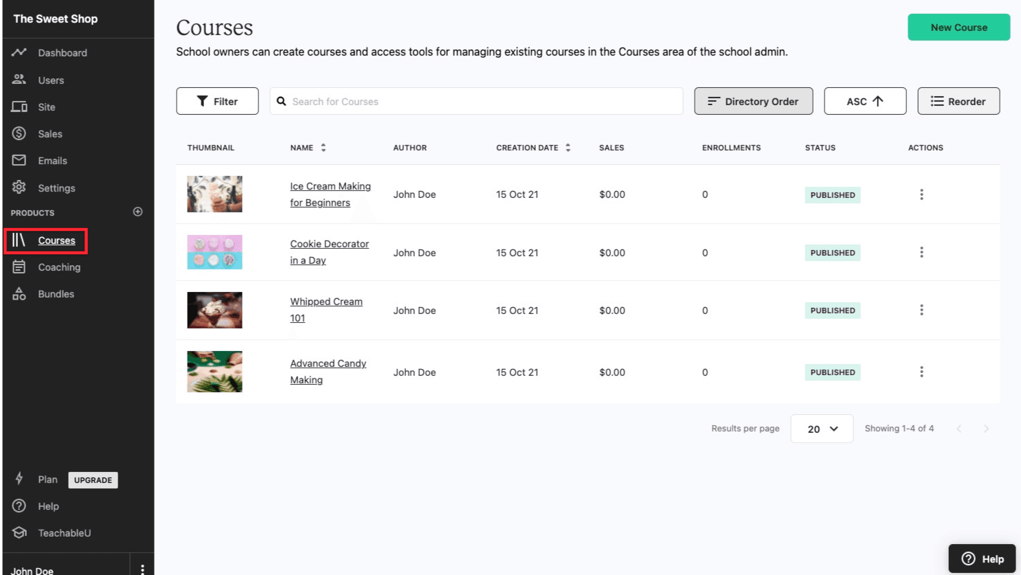 Teachable course dashboard showing course management, enrollments, and revenue tracking for comparison with Thinkific