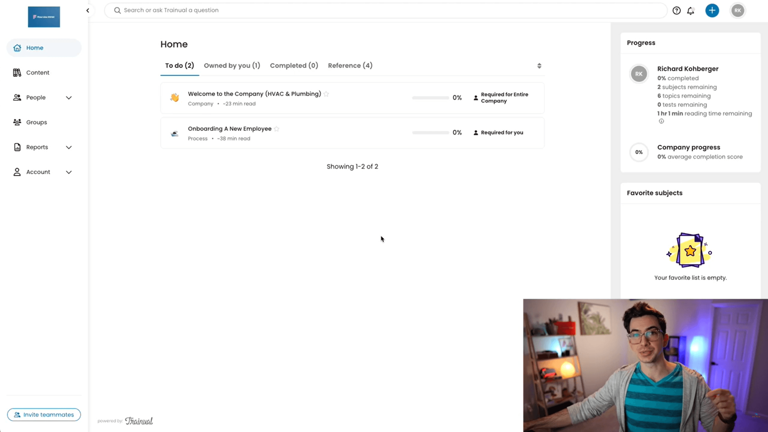 Trainual main dashboard showing training content and team progress