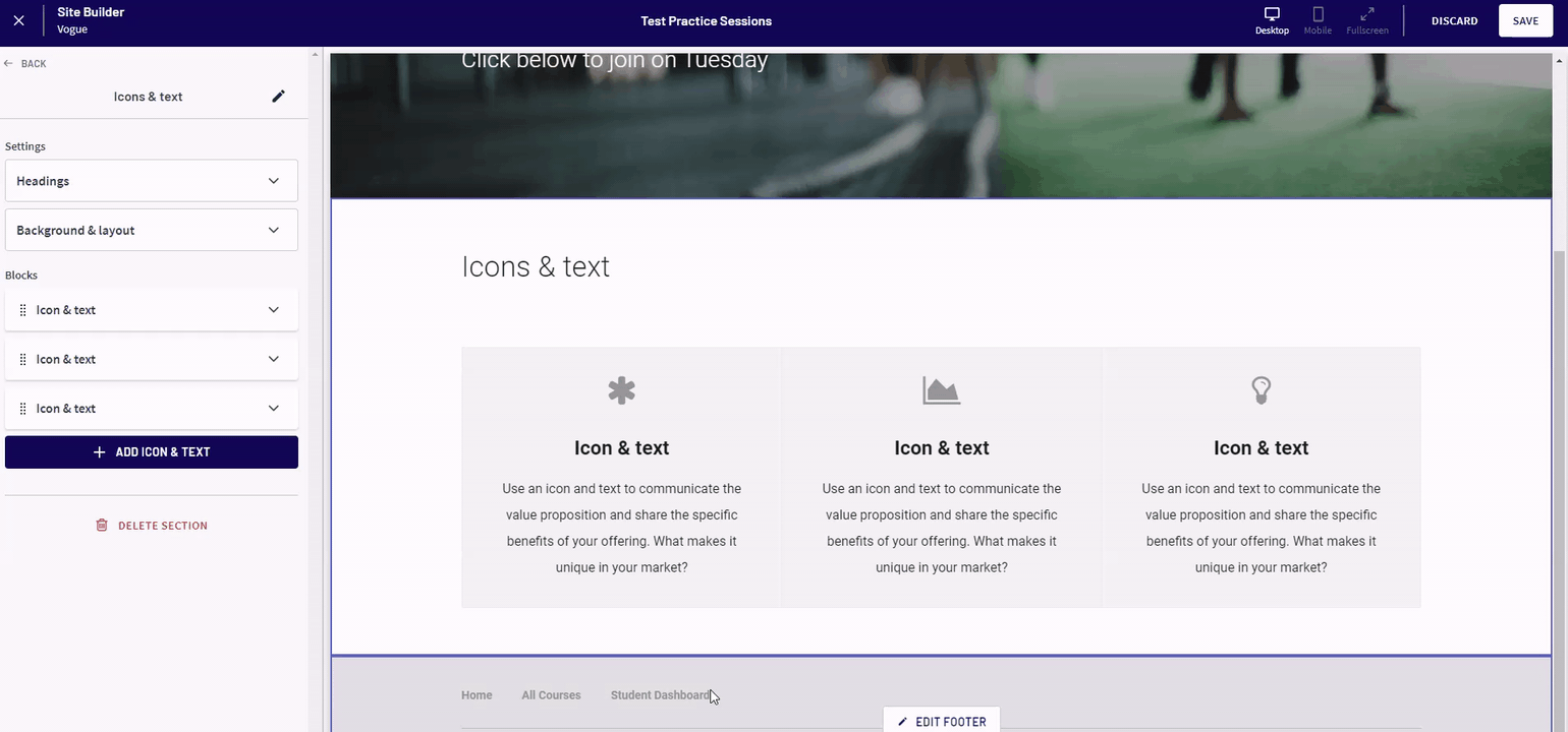 Thinkific drag and drop website builder showing theme customization, page sections, and real-time preview